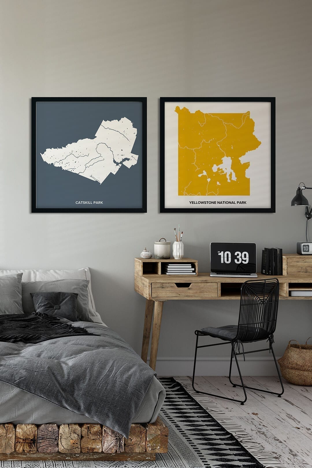 National Parks Maps in square shape and black frames decorating grey painted wall