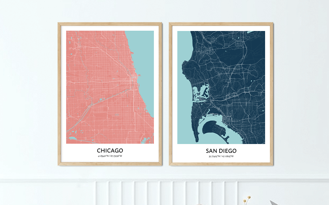 Stunning wall art made of two personalized city map posters
