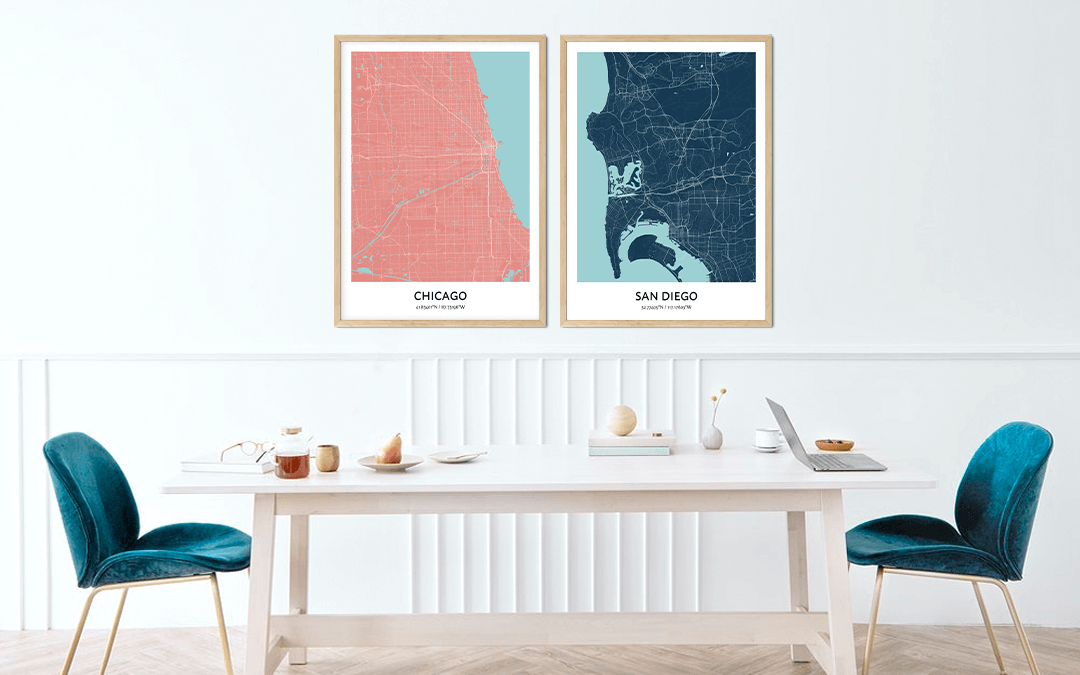 Custom city map prints of Chicago and San Diego