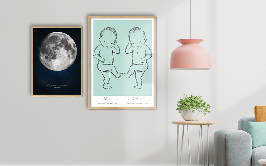 Gifts for new baby parents - moon poster and birth poster