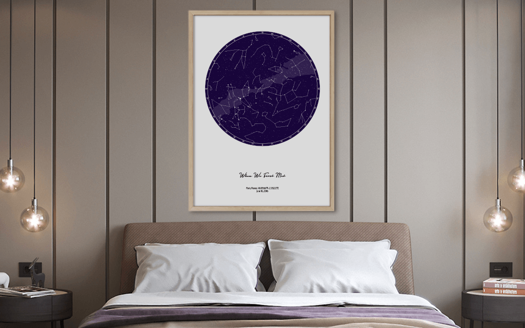 Carte des étoiles en couleur personnalisée au-dessus du lit