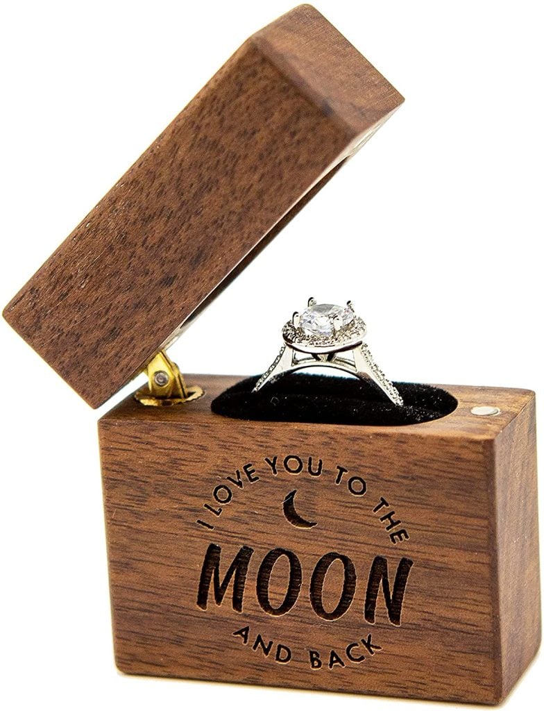 
MUUJEE Slim Wood Ring Box - I Love You to The Moon &amp; Back Proposal or Engagement Ring Holder